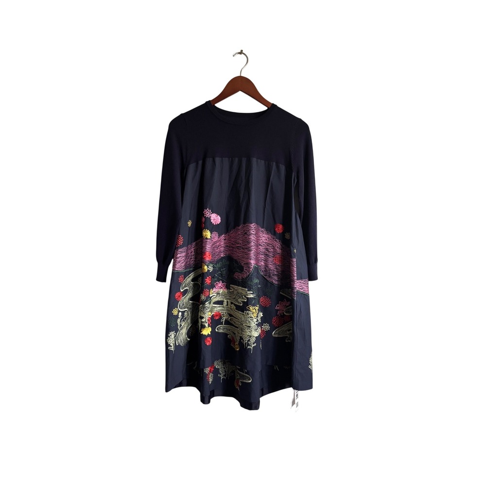 Stylewe Navy Blue Embroidered Landscape Mixed Media Long Sleeve Knit‎ Dress